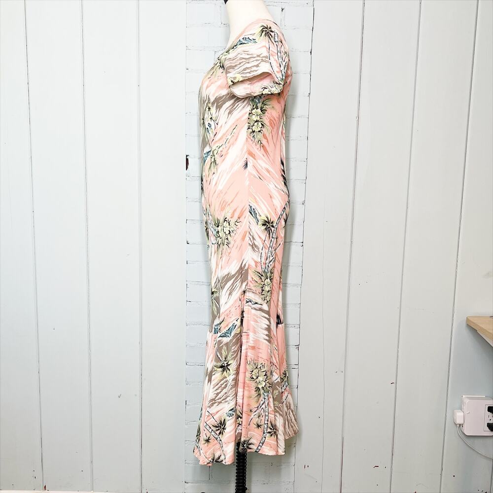 Vintage Kauaiana Palm Print Trumpet Style Maxi Dress Pink Gray White Small - Picture 3 of 13
